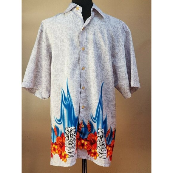 SIDEOUT Men's Button Up Short Sleeve Hawaiian Shirt Small Floral Flames Gray - Picture 1 of 2